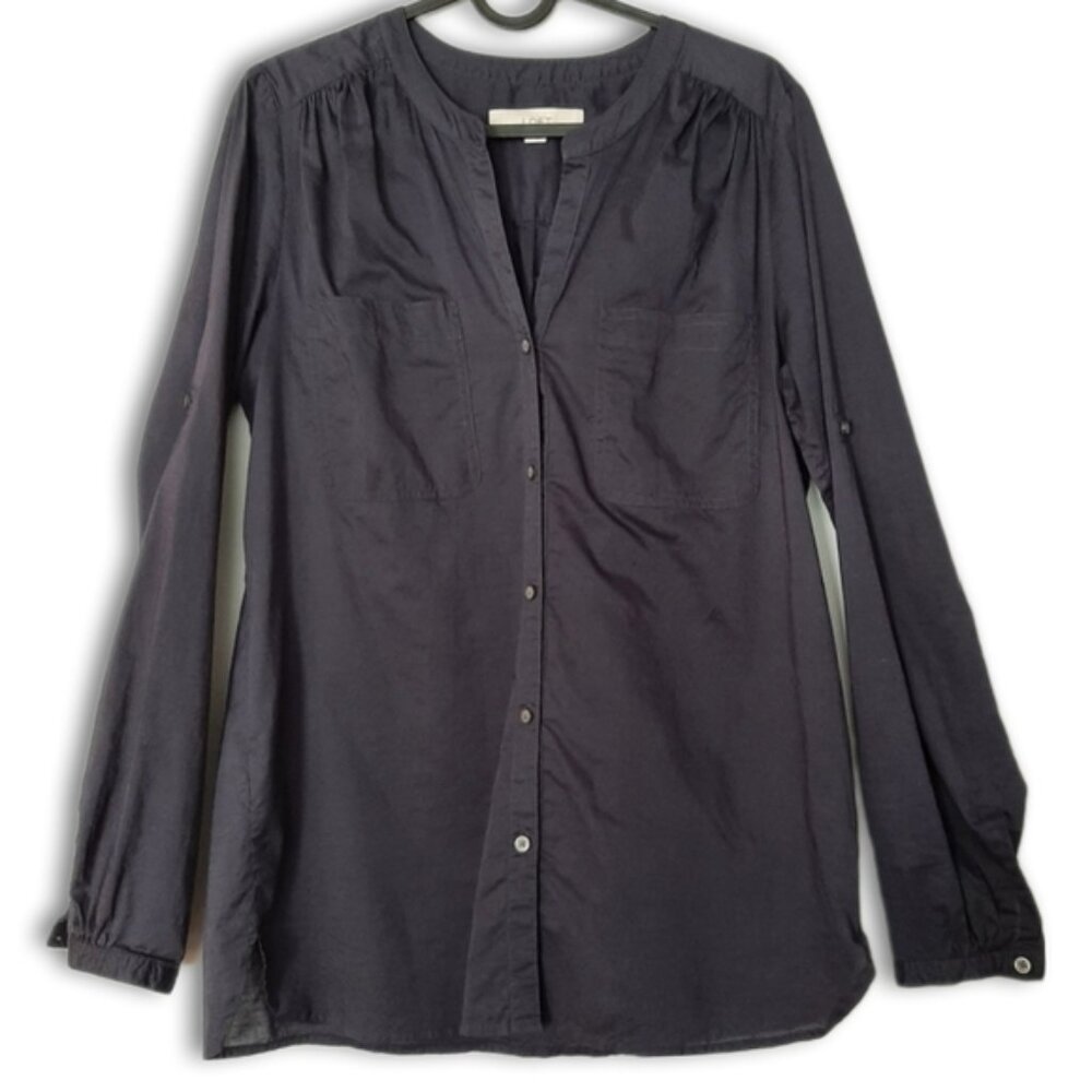 LOFT Ann Taylor 100% Cotton Utility Sleeve Button Down Shirt Top Navy Blue Sz S